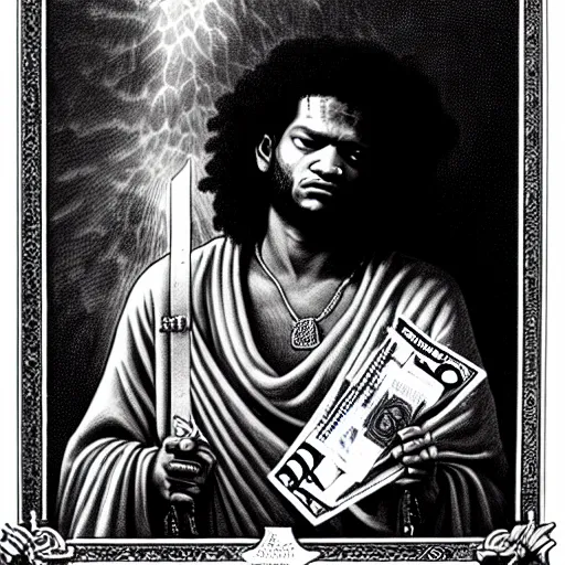 Prompt: highly accurate fredo santana rapper holding stacks of cash, biblical image, style of gustave dore, highly detailed, beautiful, high contrast, black and white