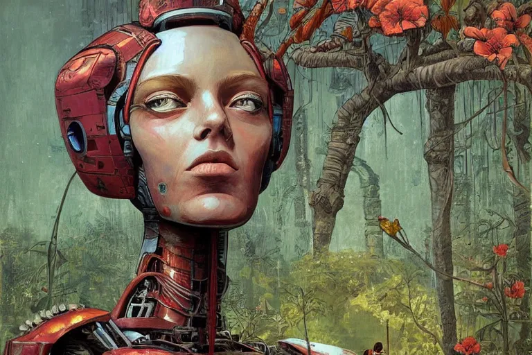 Image similar to gigantic robot - girl head floating in the space, a lot of exotic plants, trees, flowers, oldschool vintage sci - fi flat surreal grainy design, super - detailed, painting by enki bilal and moebius, hd, 4 k, high quality