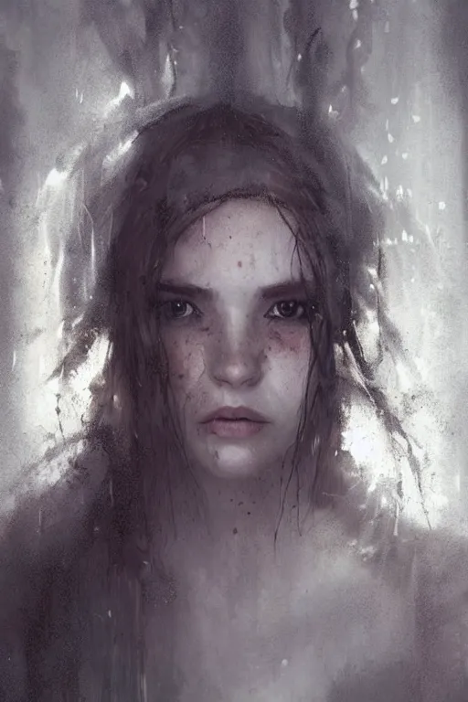 Image similar to portrait of a young woman, covered in cobwebs, dramatic lighting, cinematic, dark forest, head and shoulders, greg rutkowski