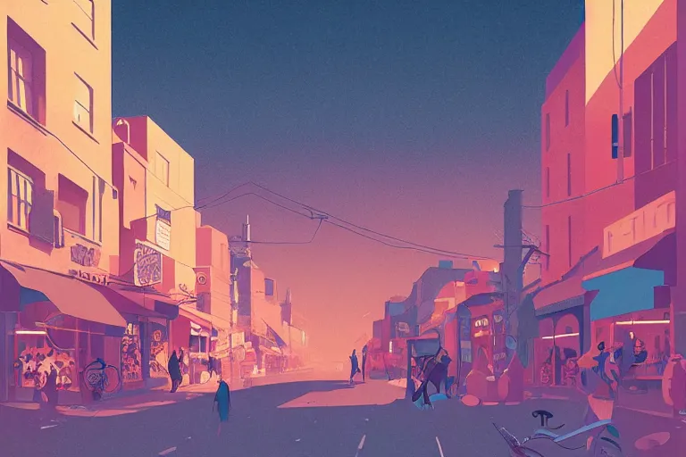 Image similar to busy small town street, lush, many people, modern art deco, colorful, mads berg, christopher balaskas, victo ngai fine texture, detailed, muted colors, dynamic composition, matte print, wide angle, moody, stippled light, very grainy texture, stippled shadows