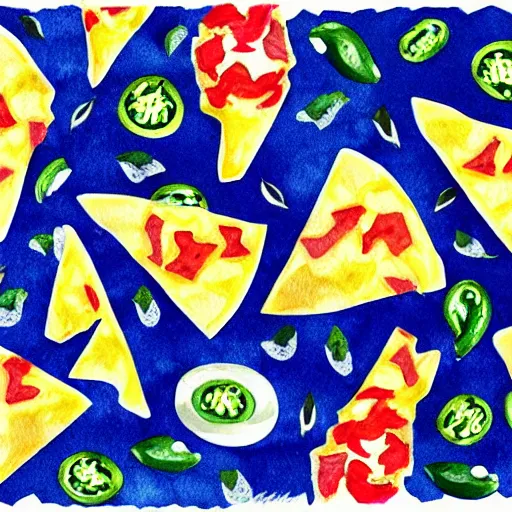 Image similar to watercolor nachos with cheese and jalapeno illustrations, white background, drawing, cartoon, in the style of shyama golden