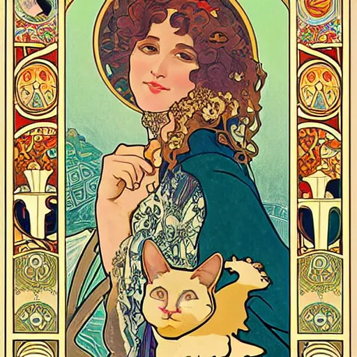 Image similar to Caucasian fortune teller lady with curly hair, with cats on her side, a spread of tarot cards on a table, in a colorful tent, Alphonse Mucha, art nouveau style, full poster ,