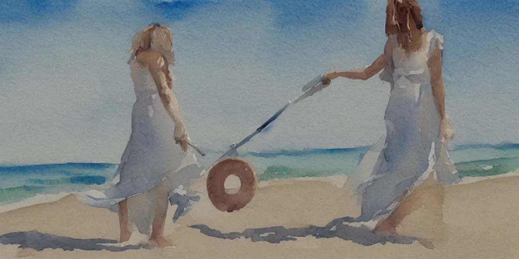 Image similar to a woman wearing a white dress, using a metal detector on a beach, watercolour realistic