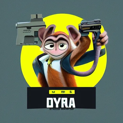 Image similar to “ logo of a upside down monkey in the style of zootopia holding laser gun, with a black background, digital art, award winning, trending on art station, retro style ”