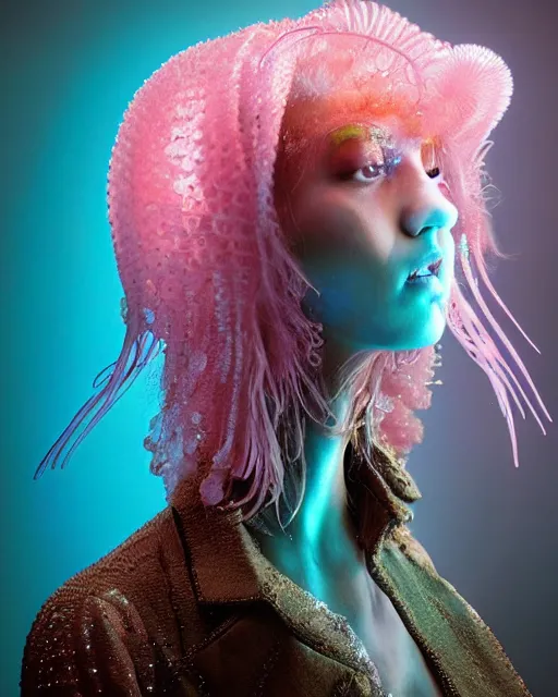 Image similar to natural light, soft focus portrait of a cyberpunk anthropomorphic jellyfish with soft synthetic pink skin, blue bioluminescent plastics, smooth shiny metal, elaborate ornate head piece, piercings, skin textures, by annie leibovitz, paul lehr