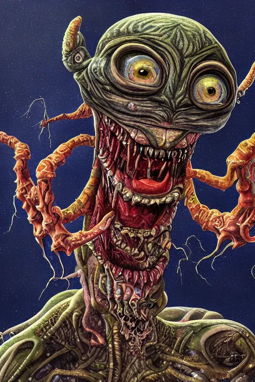 Image similar to a hyper - detailed painting of a deformed alien with various eyes, legs and arms, with skin with scales and strange textures, his mouth is open and they are screaming, from his mouth come out various chaotic monsters seeking revenge on evil humans and enslaving aliens