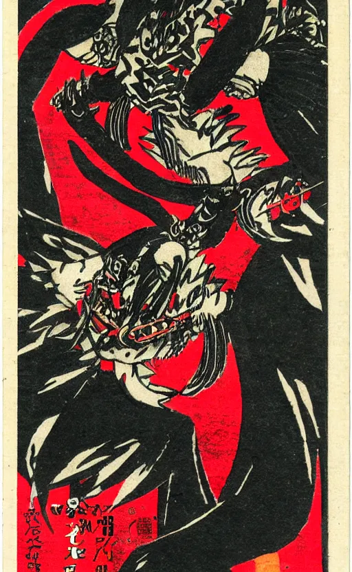 Prompt: by akio watanabe, manga art, portrait of tengu masked demon, dark festival, trading card front