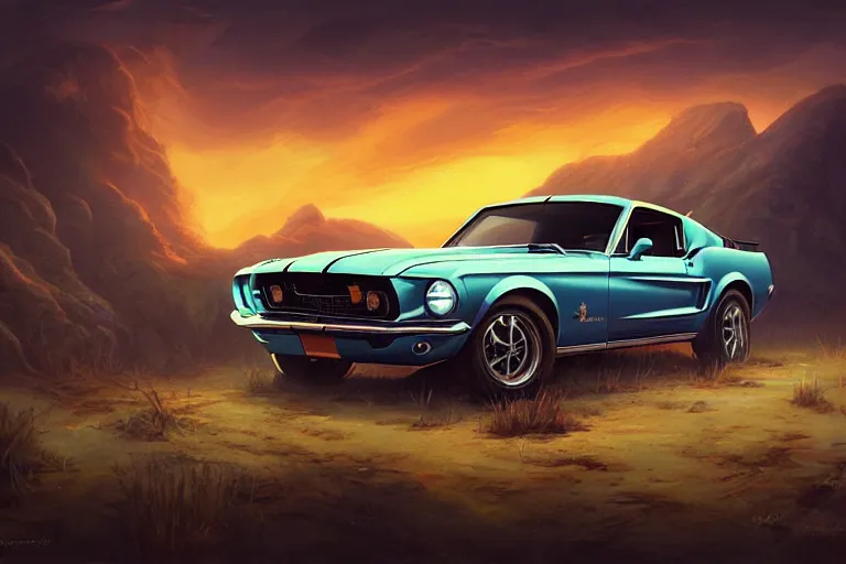 Image similar to a 1 9 6 8 mustang driving down a country road, coriolios rpg art style, full of details, warm sunset colors, matte painting, artstation, 8 k, hyperrealistic, style of peter mohrbacher, album cover, extreme long shot