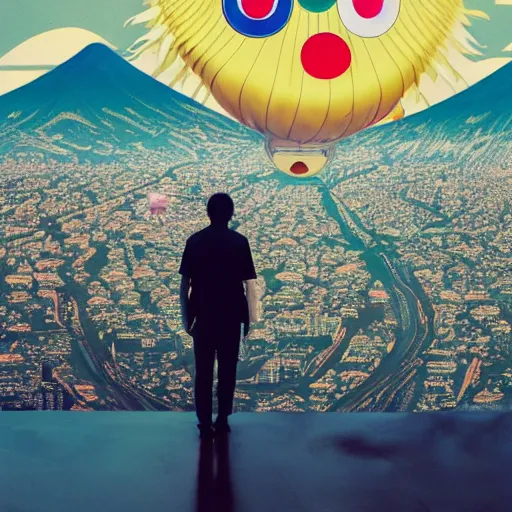 Image similar to a man walking on clouds away from the camera above kyoto by takashi murakami, beeple and james jean, aya takano color style, 4 k, super detailed, modern, 4 k, symmetrical