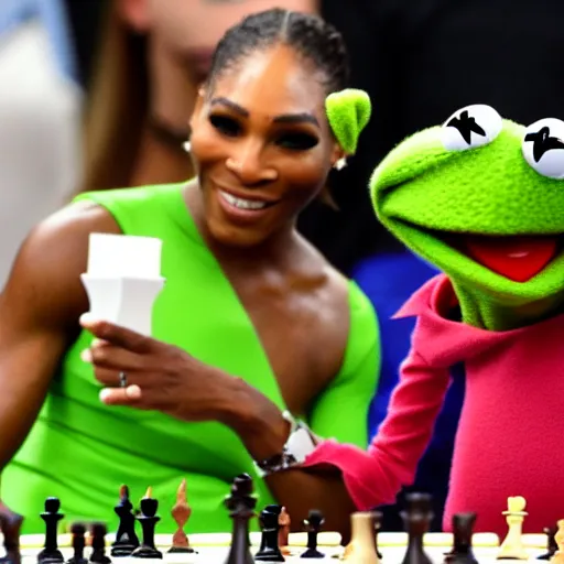 Image similar to Kermit the frog playing chess with Serena Williams photo 4k hd