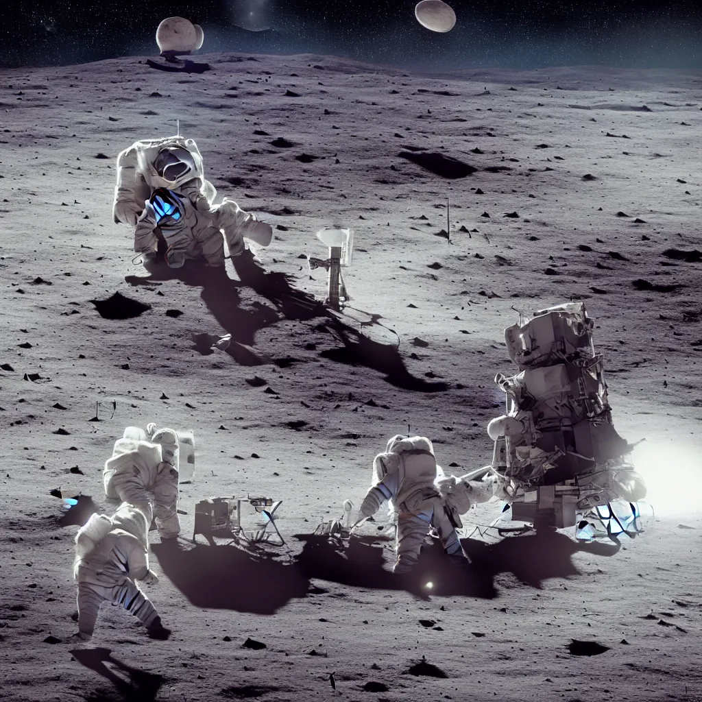Prompt: astronaut on the Moon, sitting on a bench reading a book, planet Earth visible over the horizon, rim lighting, cinematic lighting, photo realistic image, 4K, super detailed, cinematic look
