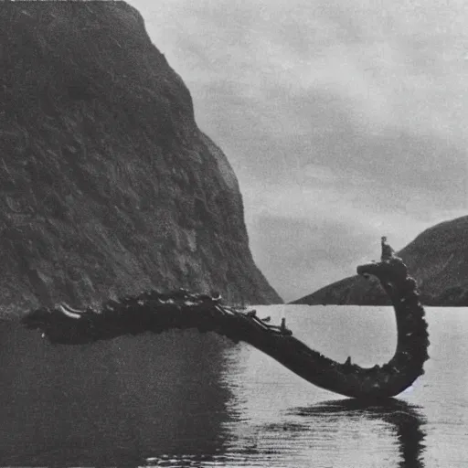 Image similar to Victorian photograph of the Loch Ness monster, very grainy, edwardian, slightly blurry, 1900s, 1890s