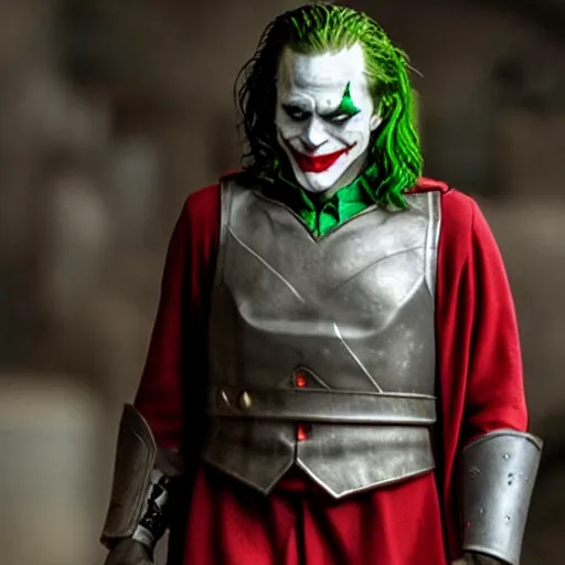 Image similar to cinematic shot of the joker wearing ancient roman soldier armor, 8 k, very detailed, very intricate,