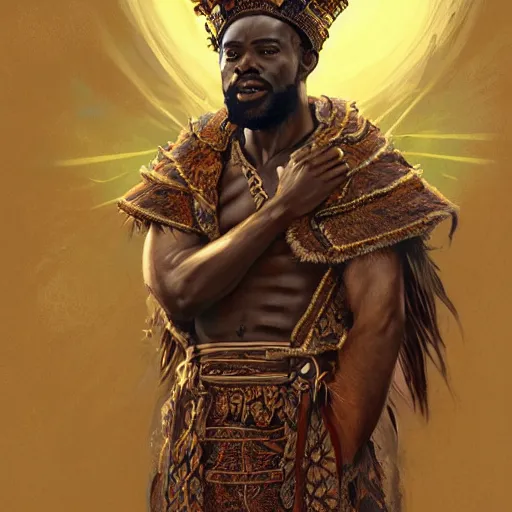 Image similar to an african king wearing a robe made from a lion pelt and a gleaming crown of light, kemetic, D&D, fantasy, intricate, elegant, highly detailed, digital painting, artstation, concept art, matte, sharp focus, illustration, art by Artgerm and Greg Rutkowski and Alphonse Mucha
