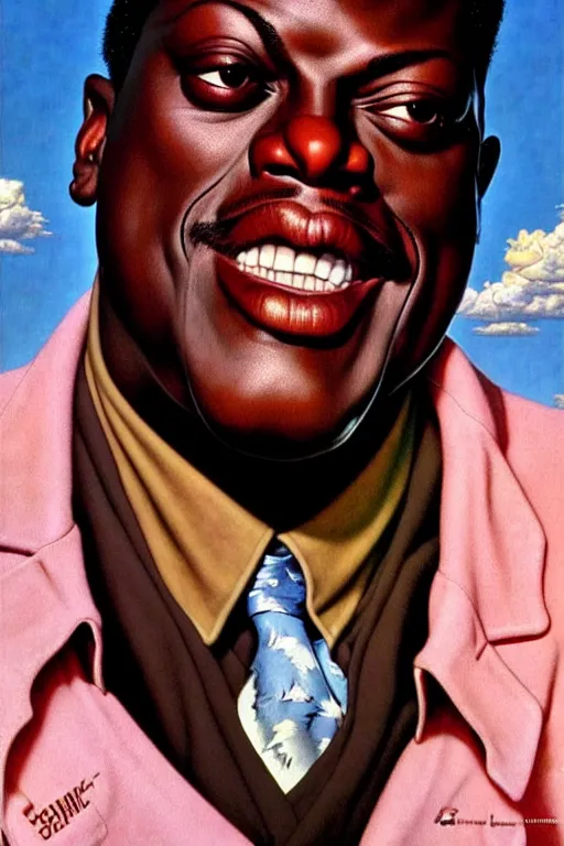 Image similar to bernie mac by gil elvgren and norman rockwell and rob gonsalves and hajime sorayama, hyperrealistic, high detail, ultra detailed, highly detailed face, ruffled fabric