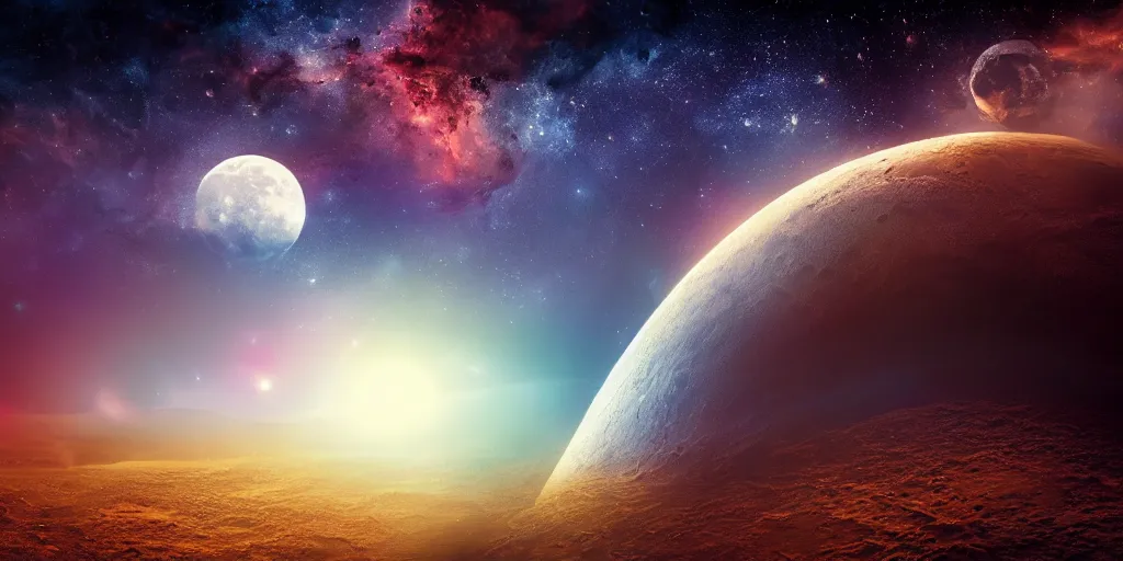 Image similar to moon setting, space, galaxy, milkyway, nebula, Mars, planets, neon, cinematic, realistic, glow, beautiful,