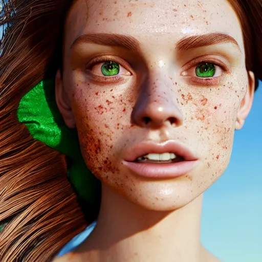 Image similar to portrait of a cute thin young woman, bronze brown hair, eye color is emerald green, red blush, cute freckles, smug smile, modern clothes, relaxing on the beach, golden hour, close up shot, 8 k, art by irakli nadar, hyperrealism, hyperdetailed, ultra realistic