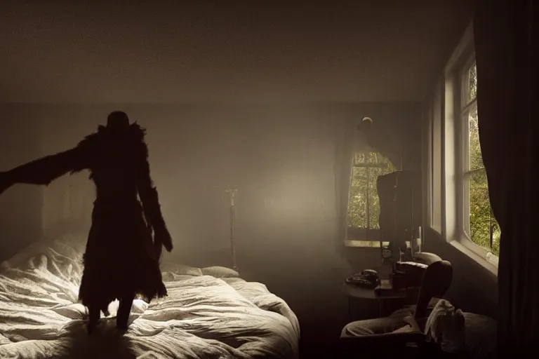 Image similar to vfx movie scene sleep paralysis night, a monster outside the extravagant bedroom window, natural lighting by emmanuel lubezki