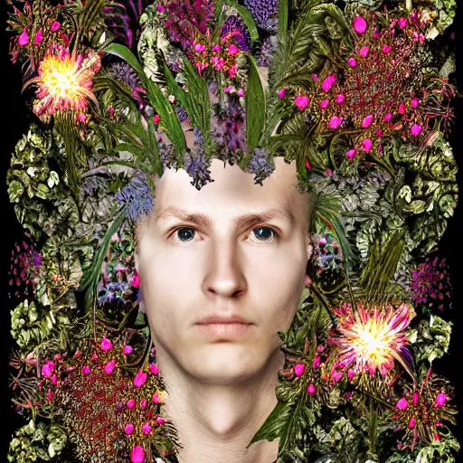 Image similar to a male knight, stern face, clear eyes, shining armour made of steel and flowers, and fractal flowery hair in a fractal garden, glowing delicate flower, berries and ferns that grow in a dark fantasy forest, full frame,