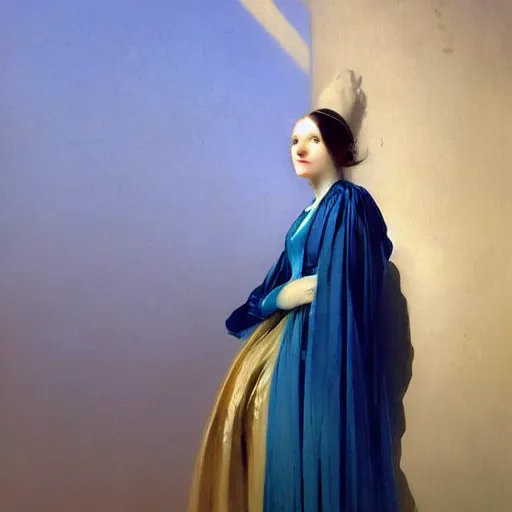 Image similar to a young woman's face, her hair is white and she wears a cobalt blue satin cloak, by ivan aivazovsky and syd mead and moebius and gaston bussiere and roger dean and pieter claesz and paul delaroche and alma tadema and aelbert cuyp, hyperrealistic, volumetric light, octane render