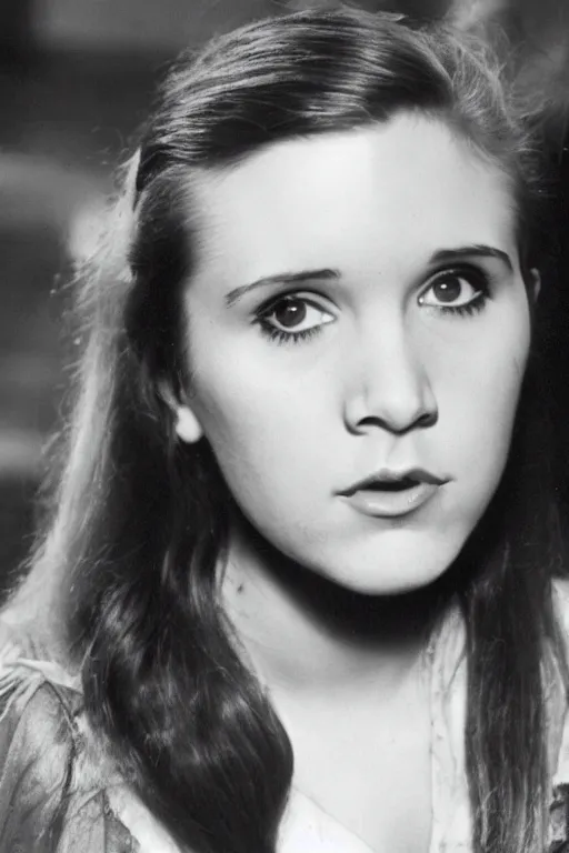 Prompt: Young Carrie Fisher, up close
