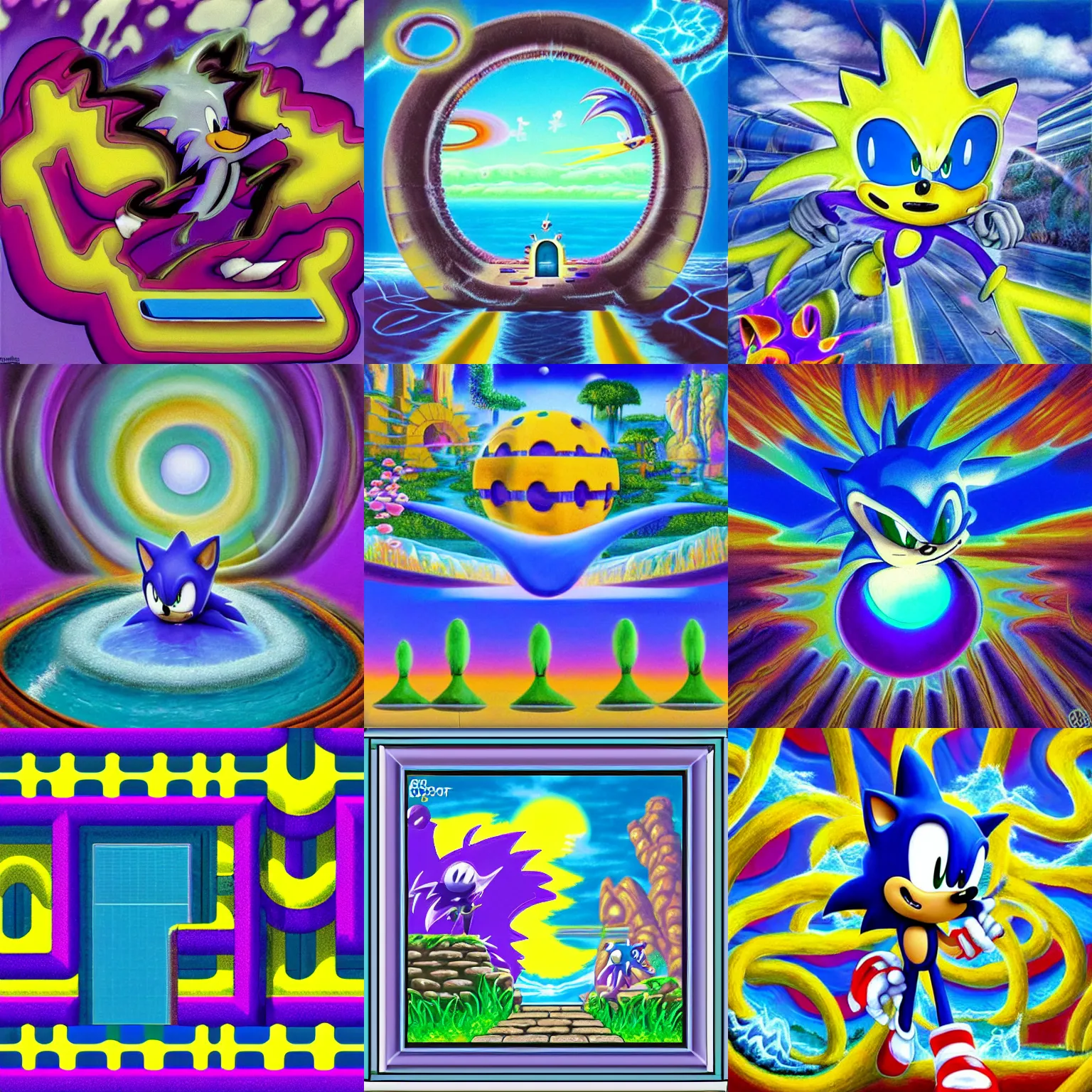Prompt: portal to sonic hedgehog and a matte painting landscape of a surreal, sharp, detailed professional, soft pastels, high quality airbrush art album cover of a liquid dissolving airbrush art lsd dmt sonic the hedgehog swimming through cyberspace, purple checkerboard background, 1 9 9 0 s 1 9 9 2 sega genesis rareware video game album cover