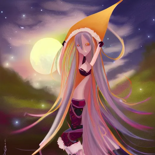 Image similar to digital painting of a long hair anime lady ELF dancing in the moonlight l Trending on Pixiv