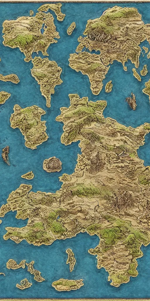 Prompt: fantasy map of a continent with diverse terrain, ultra-detailed, by Wilson McLean!, HD, D&D, 4k, 8k, high detail!, intricate, encyclopedia illustration