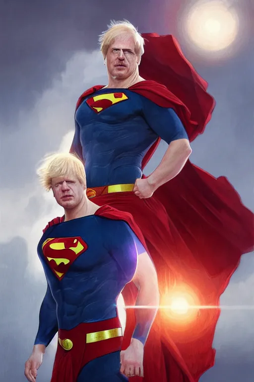 Image similar to Boris Johnson as Superman, realistic portrait, symmetrical, highly detailed, digital painting, artstation, concept art, smooth, sharp focus, illustration, cinematic lighting, art by artgerm and greg rutkowski and alphonse mucha