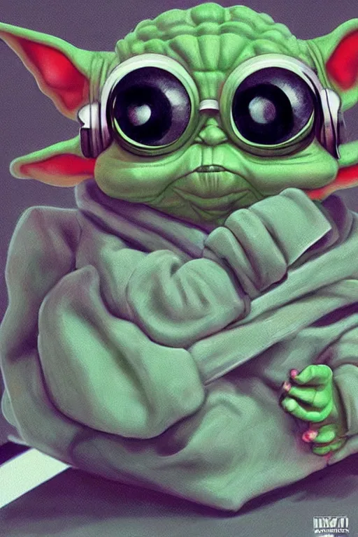 Image similar to baby yoda as a dj, turntable, hip hop, rapper, illustration, highly detailed, artstation, grogu