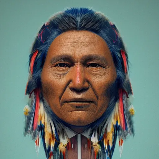 Image similar to abstract 3d portrait Native American in his traditional clothes age 40 by james jean and Jason Chan, rendering, redshift, octane