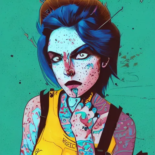 Image similar to Highly detailed portrait of a punk zombie latino young lady with freckles by Atey Ghailan, by Loish, by Bryan Lee O'Malley, by Cliff Chiang, inspired by iZombie, inspired by graphic novel cover art !!!electric blue, brown, black, yellow and white color scheme ((grafitti tag brick wall background))