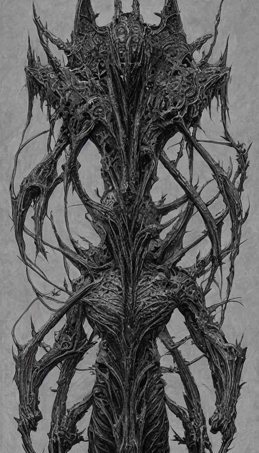 Image similar to Scorn themed painting of symmetrical organic torso Leviathan infernal armor anatomy with bat wings and extended evil hands concept, intricate artwork by H.R. Giger, Johnatan Wayshak, Zdizslaw Beksinski, Ayami Kojima, Amano, Karol Bak, Moebius, and Mark Brooks, Neo-Gothic, gothic, rich deep colors, art by Takato Yamamoto, masterpiece, face by Artgerm, very coherent artwork, cinematic, hyper realism, high detail, octane render, unreal engine, 8k, High contrast, golden ratio, trending on cgsociety