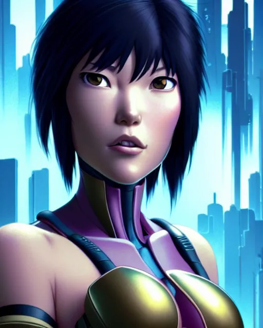 Image similar to weta disney pixar movie still portrait photo of motoko kusanagi the major ghost in the shell : : as cyborg woman by pixar : : by weta, wlop, ilya kuvshinov, rossdraws, artgerm, marvel, maxim cover, latex, octane render, sweaty, iridescent, bright morning, anime, liosh, mucha : :