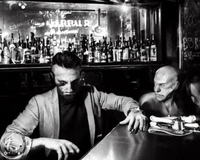 Prompt: un uomo che beve in un bar da solo, scarsa illuminazione, noir, anni 5 0