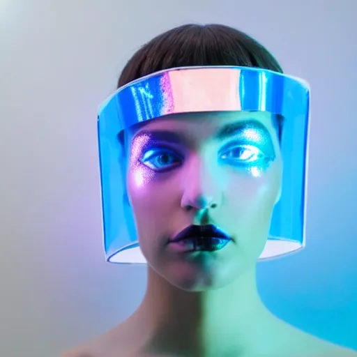 Image similar to an ultra high definition professional studio quality photograph of an artificial celebrity cyberpunk pop star wearing a transparent iridescent perspex pastel coloured face visor and matching raincoat in an empty white room. dramatic lighting. volumetric shadows. light rays