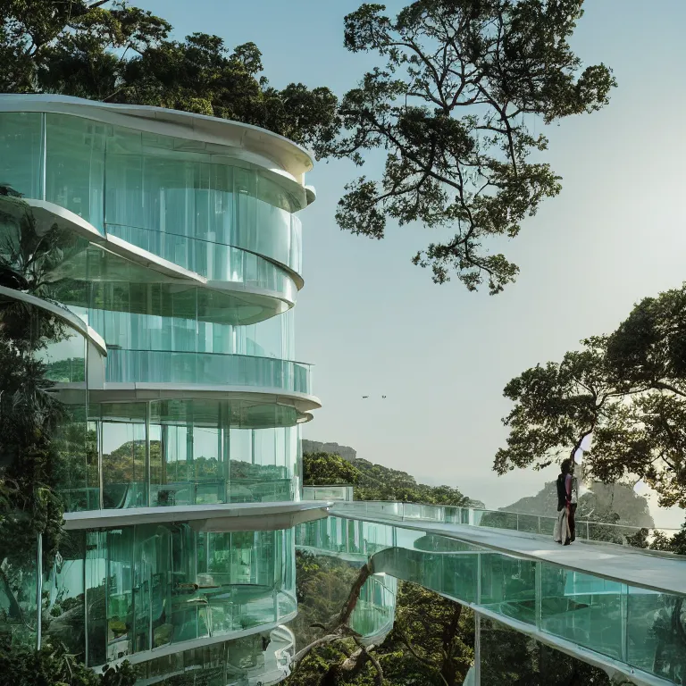 Prompt: photo by josh pierce and prateek vatash and roman bratschi, a giant huge smooth sleek multi - story beautiful mid - century modern revival mansion palace with green plants and giant reflective windows on a huge scenic cliff overlooking the ocean, sunset, 4 d, 4 k, ray tracing reflections, volumetric lighting and shadows, haze, light beams