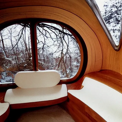 Image similar to the interior of a 1 9 7 0 s space ship carved out of wood, designed by eero saarinen, trees and snow visible through the windows