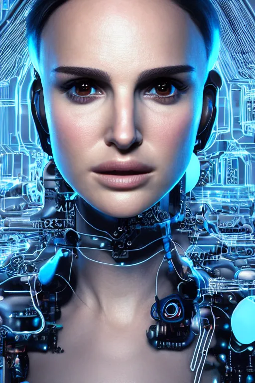 Prompt: close up headshot of Natalie Portman as a female android, intricately detailed mechanical parts, complicated circuits and wires, beautiful gazing symmetric blues eyes, unreal engine, path tracing, 8k, artstation