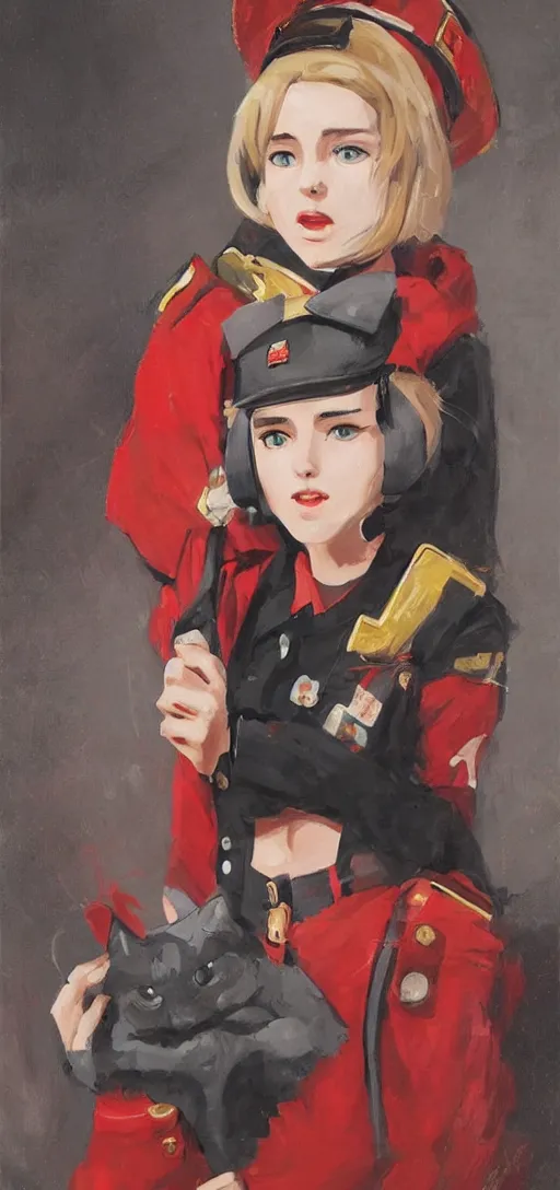 Prompt: oil paining of twentytwo year old female character with ( ( ( cat ears ) ) ) wearing soviet era uniform, wearing a tshirt with a face of karl marx on it, in the style of krenz cushart