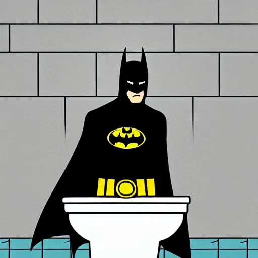 Image similar to low dutch angle shot of constipated batman sitting on a toilet with pants down, sweating, tiny room with dirty wall tiles, comic digital art, by hayao miyazaki, super detailed, 4 k, artistic