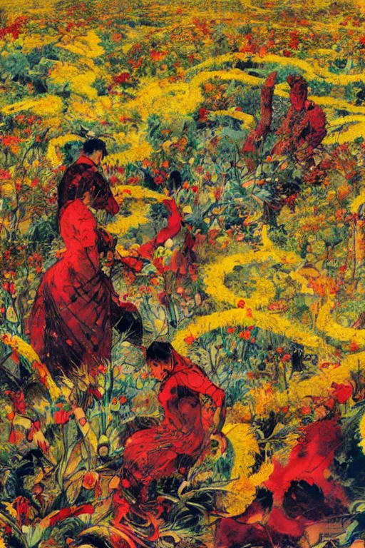 Prompt: two people in red desert captured by massive intricate mystical roots of in a sea of yellow flowers, surrounded by swirls of prickly flowers, glitched reality, highly detailed, intricate, surreal, painting by Franz Marc, part by Yoji Shinkawa, part by Norman Rockwell