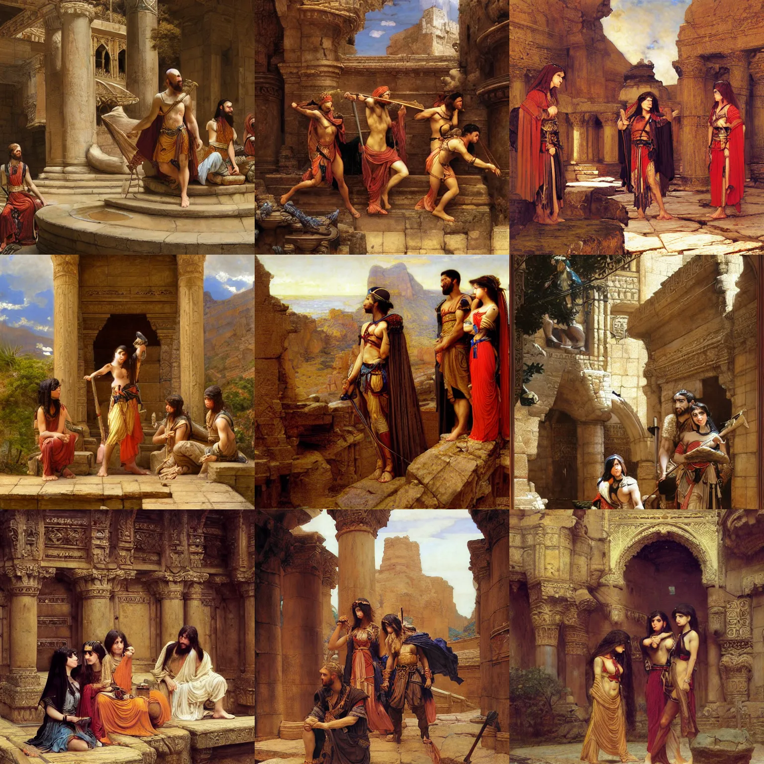 Prompt: orientalist painting of a group of adventurers in a sandstone ruin dungeons and dragons intricate artwork by john william waterhouse and Edwin Longsden Long and Theodore Ralli and Henryk Siemiradzki. trending on artstation, very coherent symmetrical artwork high detail 8k