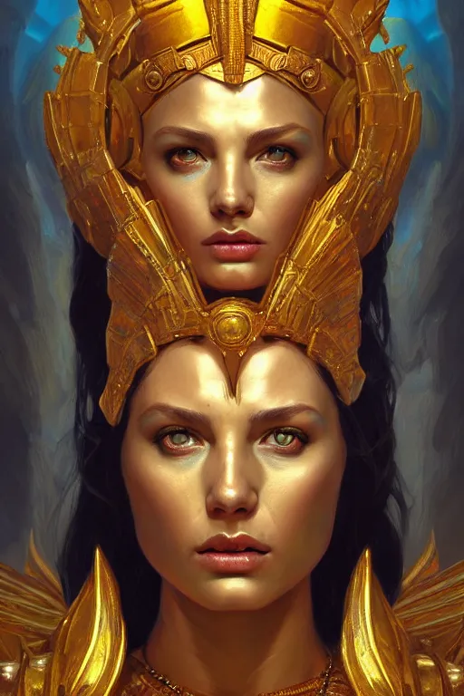 Image similar to The angry Godess Hera, portrait, highly detailed, digital painting, artstation, concept art, smooth, detailed rusty armor, sharp focus, beautiful face, symmetric face, dystopian, cinematic, videogame cover art, illustration, fantasy, blue and yellow color theme, art by Artgerm and Greg Rutkowski and Alphonse Mucha