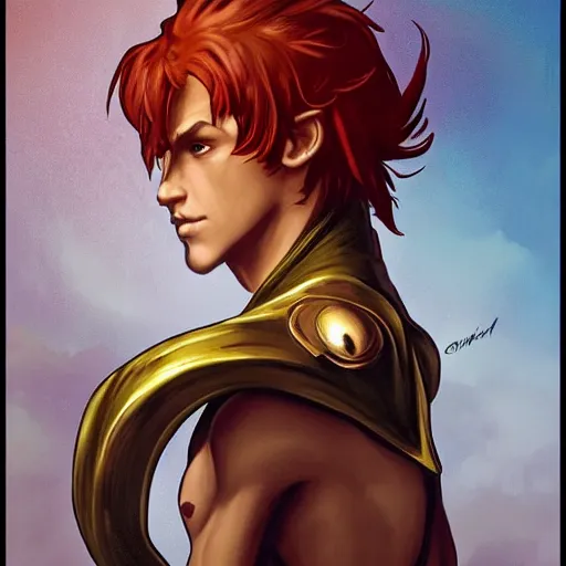 Image similar to dnd character portrait of a tanned half - elf with messy short red hair and yellow eyes with slit pupils, beautiful and androgynous with dark skin, catlike features, glowing, golden hour, wearing a stylish men's suit, by ross tran and gerald brom and alphonse mucha, trending on artstation