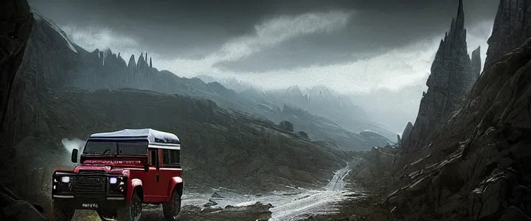 Image similar to Land Rover Defender 110 (1985), an epic fantasy, dramatic lighting, cinematic, establishing shot, extremely high detail, photorealistic, cinematic lighting, artstation, by simon stalenhag, The Elder Scrolls V: Skyrim, Whiterun Hold, Battle for Whiterun, Stormcloaks vs Imperials, Skyrim Civil War