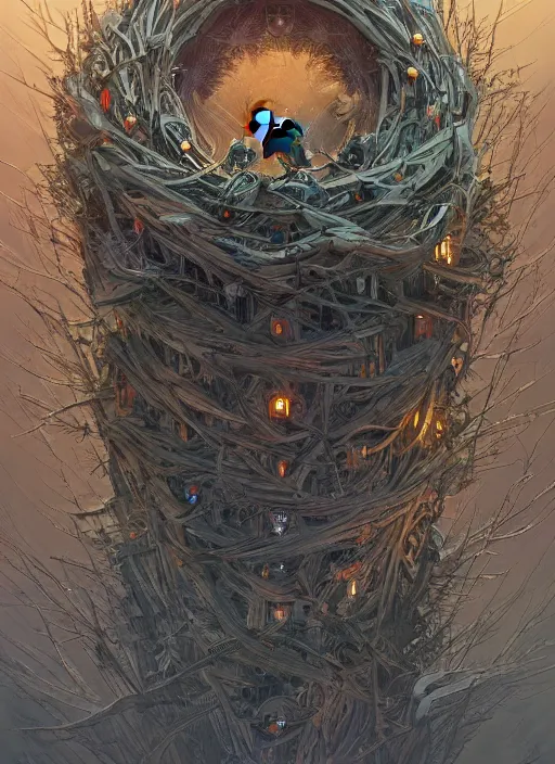 Image similar to crows nest like a human wreath, cruelty, black crows, light effect, hyper detailed, intricate, elegant, highly detailed, digital painting, artstation, concept art, matte, sharp focus, illustration, by dan mumford, yusuke murata, makoto shinkai, ross tran