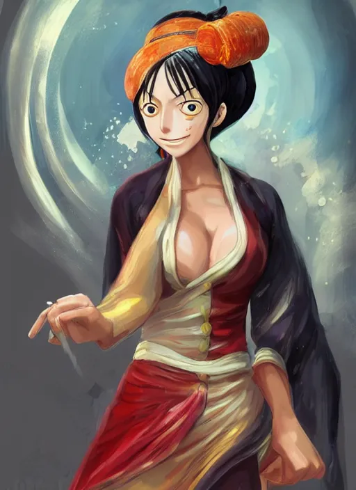 Prompt: a portrait of Nami from One Piece if she was real, wearing a traditional kunoichi dress, intricate, highly detailed, digital painting, artstation, concept art, smooth, sharp focus, illustration, art by Charlie Bowater and Gustave Baumann, matte painting