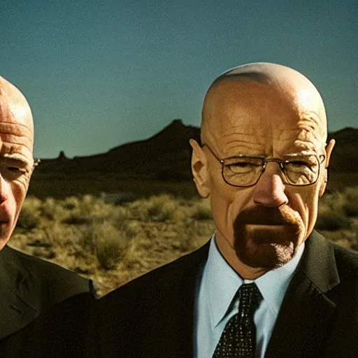 Image similar to “35mm realistic screenshot of Joe Biden and Walter White in an episode of Breaking Bad, atmospheric lighting, award-winning”