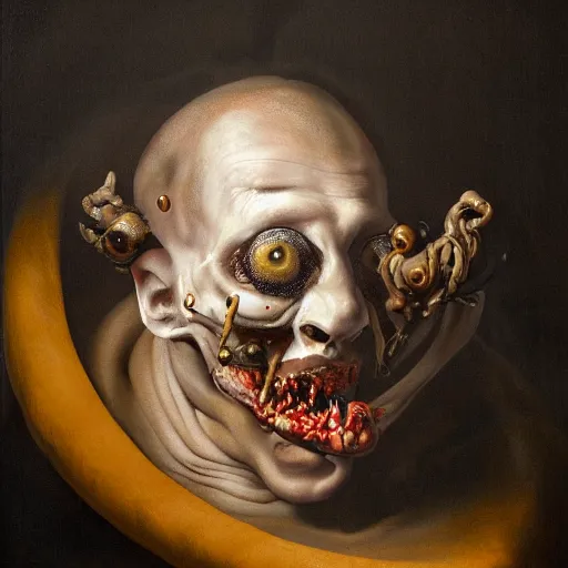 Image similar to refined gorgeous blended oil painting with black background by christian rex van minnen rachel ruysch dali todd schorr of a chiaroscuro portrait of an extremely bizarre disturbing mutated man with shiny skin acne intense chiaroscuro cast shadows obscuring features dramatic lighting perfect composition masterpiece